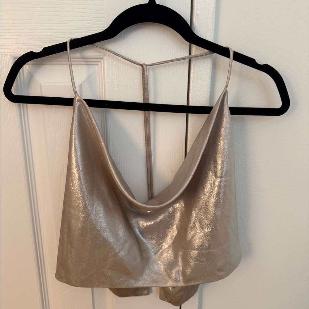 Zara Champagne Satin Cowl Neck Crop Top